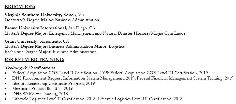 Federal Resume - education and training